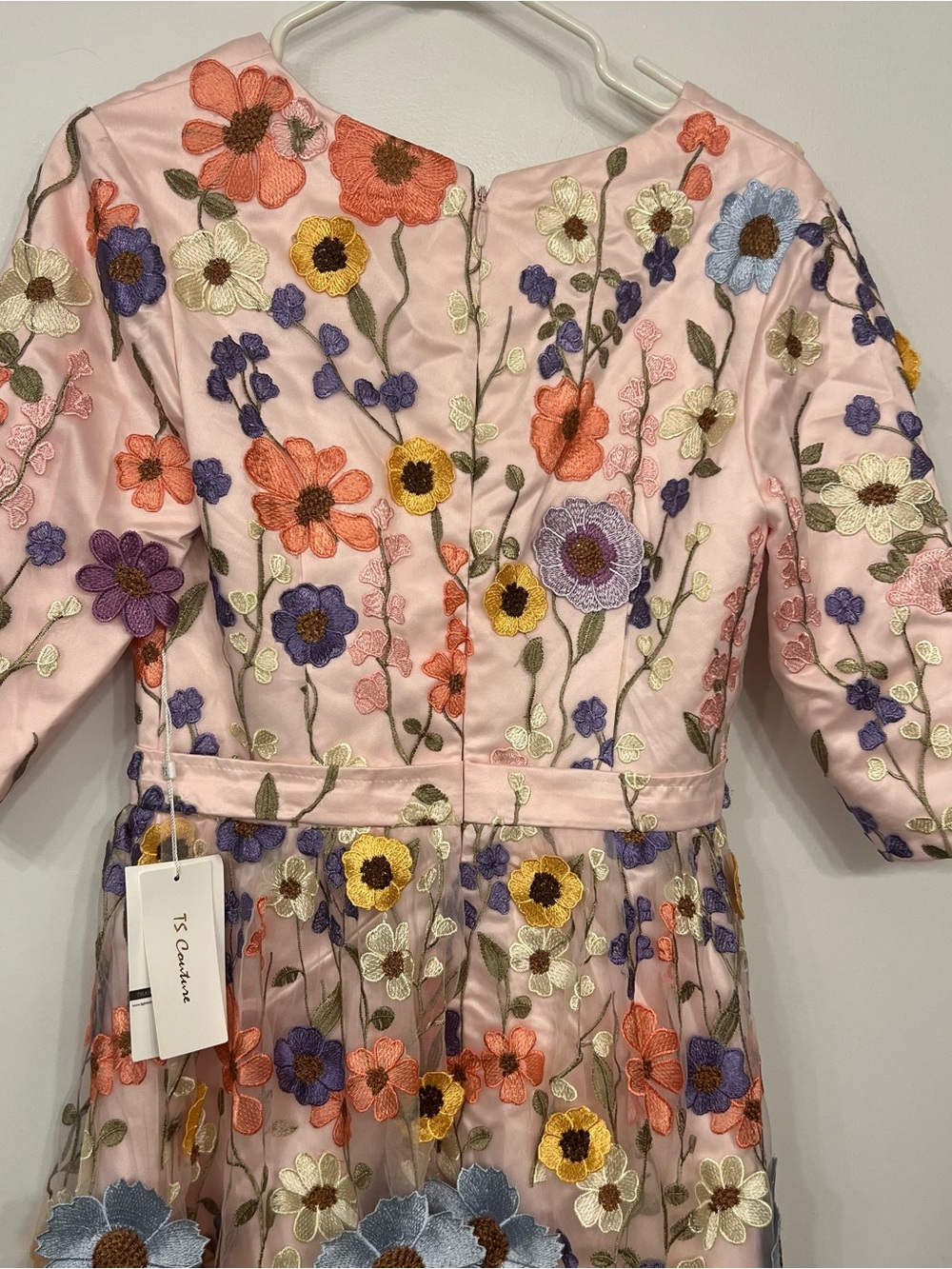 Pink Floral Embroidered on tule Midi Dress with pink lining